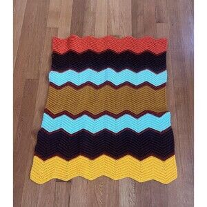Van Doren Handmade Crochet Chevron Ripple Afghan Blanket Small Lap Throw Orange